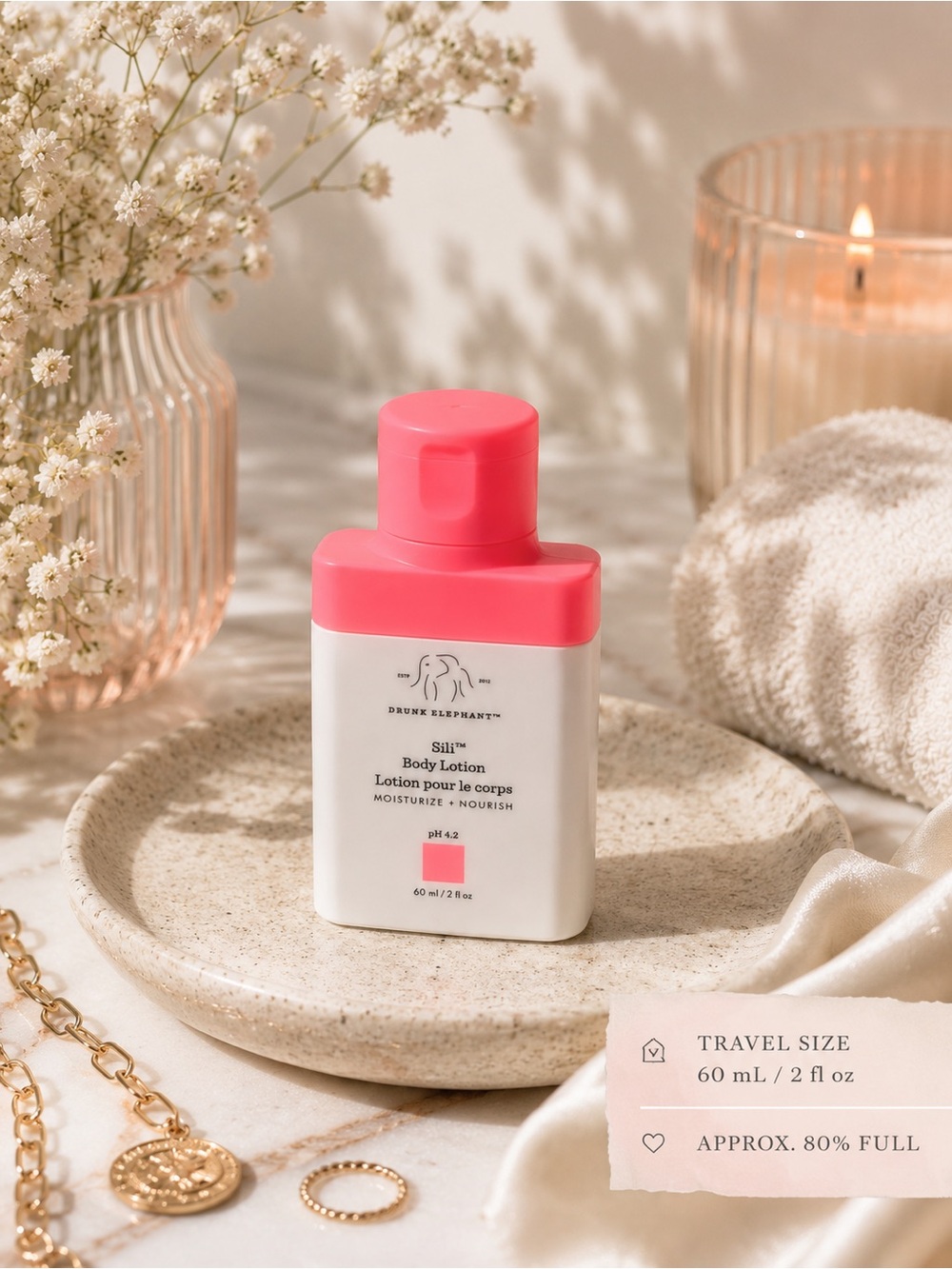 Drunk Elephant Sili Body Lotion Travel Size 2 oz 60mL 80% Full